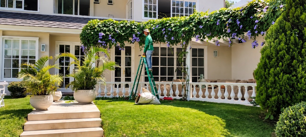 Jardín delantero con cipreses y arbustos frente a una casa